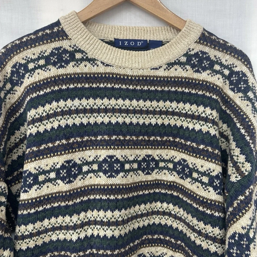 Vintage IZOD Sweater XL Beige Fair Isle Cotton Crewneck Knit Pullover Stripes